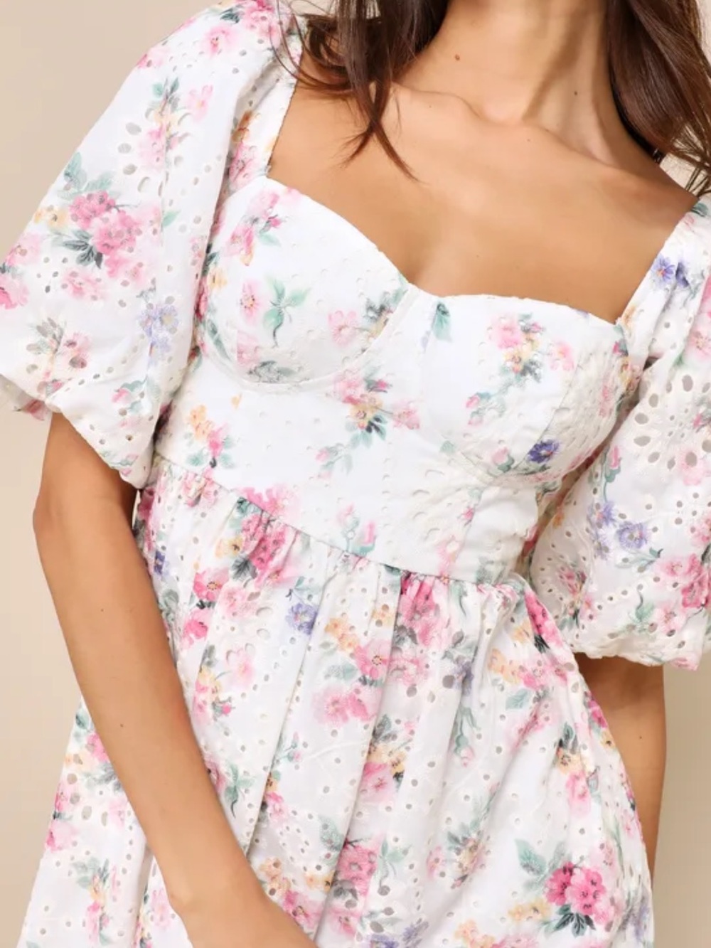 NEW with Tags Lulus Majorly Adorable Ivory Floral Eyelet Embroidered Mini Dress